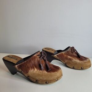 Mystique Calf Hair Leather Wooden Clogs Size Women's 7